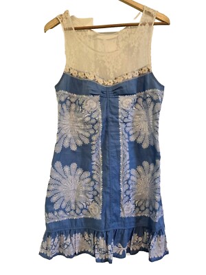 free people blue linen dress Free People Blue sheath Sleveless dress linen/lace sz 10