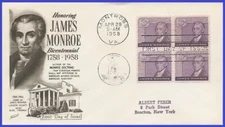 USA6 #1105 ADDR FLEETWOOD FDC BL4  James Monroe
