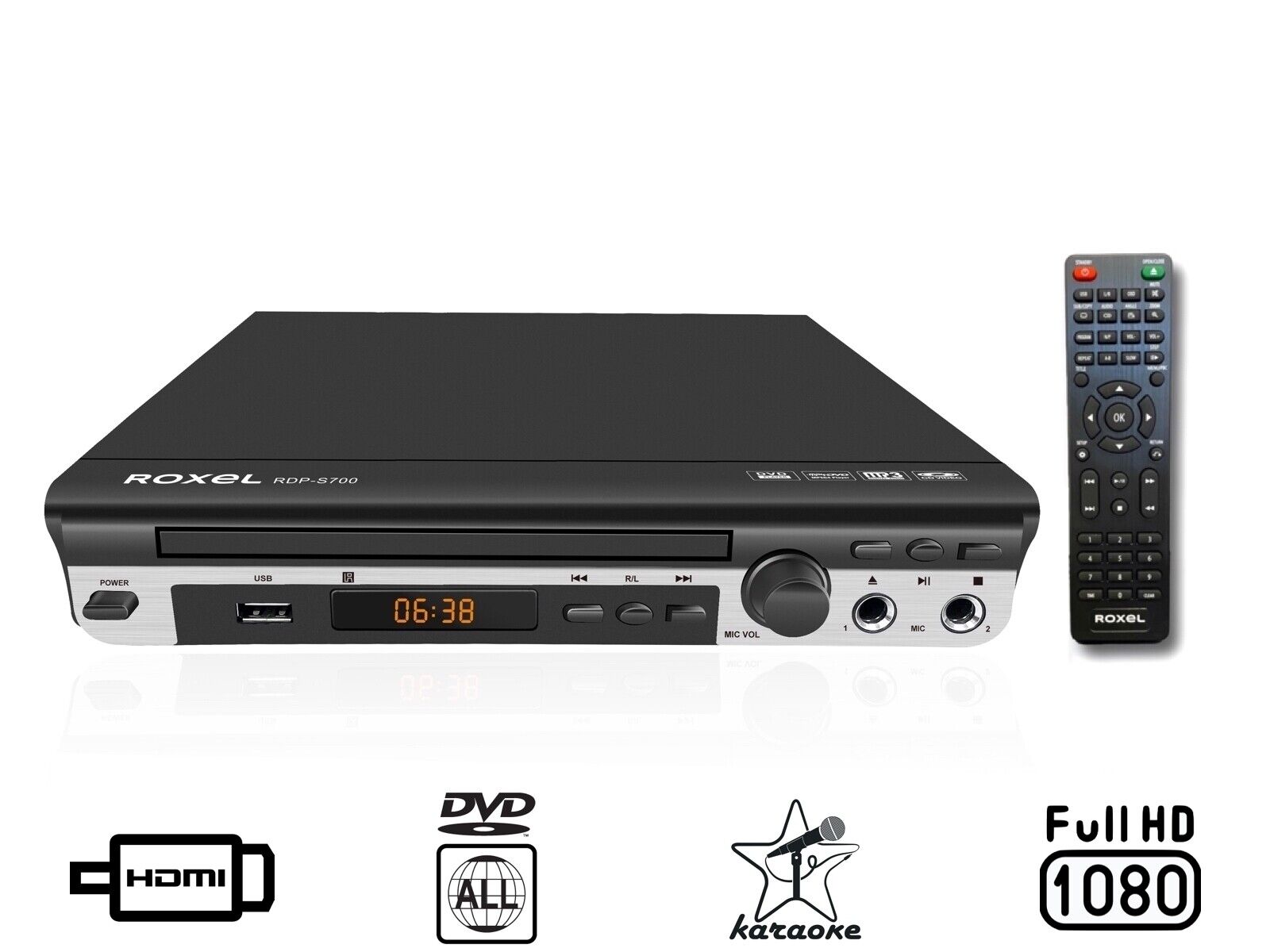 DVD Player Multi All Region 1080p, Remote and HDMI Cable Karaoke USB, Roxel S700