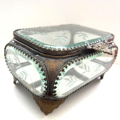 Vintage Ormolu Jewellery Box Treasure Chest Keepsake Etched Glass
