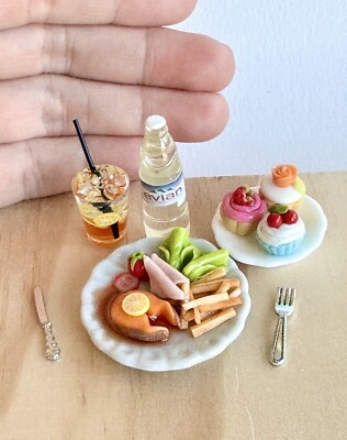 #ad 9 Pcs Set Dollhouse Miniature dinner Salmon Cupcake Ice Lemon Tea Water Bottles $15.99