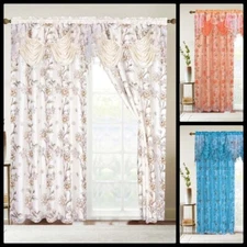 2PC FLOWER PRINTED DESIGN WINDOW CURTAIN SET ATTACHED VALANCE LONG CRYSTAL BEADS
