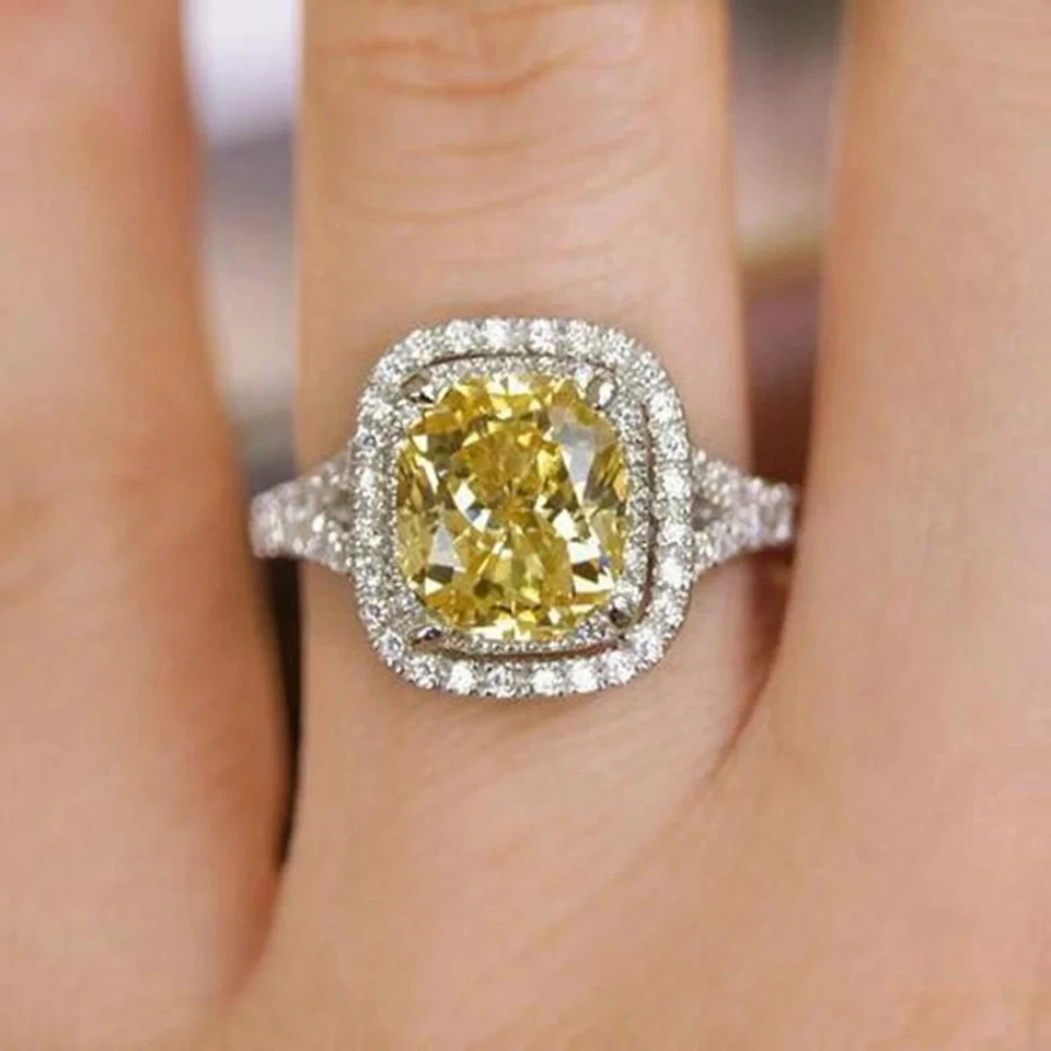 Anillo de diamantes de zafiro amarillo natural corte cojín de 3,70 quilates de oro blanco de 14 quilates talla 7 Foto 2 de 4