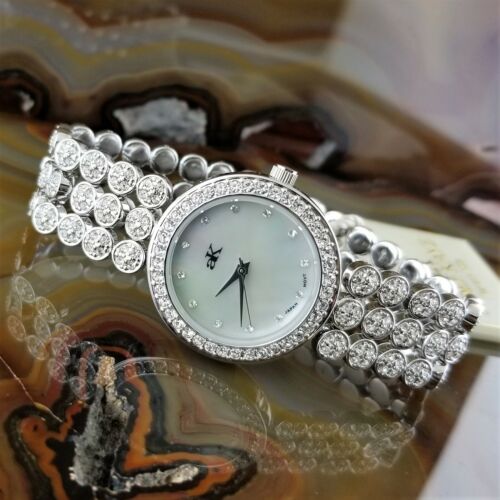 New ADEE KAYE Silver Swarovski Crystal Bracelet Watch MOP Dial - Picture 1 of 7