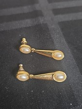 Vintage Napier Gold Tone Faux Pearl Dangle Earrings Pierced Ear