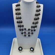 Vintage Emmons Book Cover Set Triple Necklace, Clip Earrings, Crystal