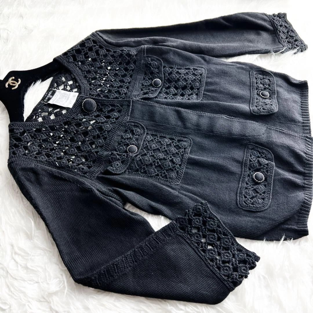 Giacca CHANEL all'uncinetto nera perla ricamata all'uncinetto maglia 40 Made in France