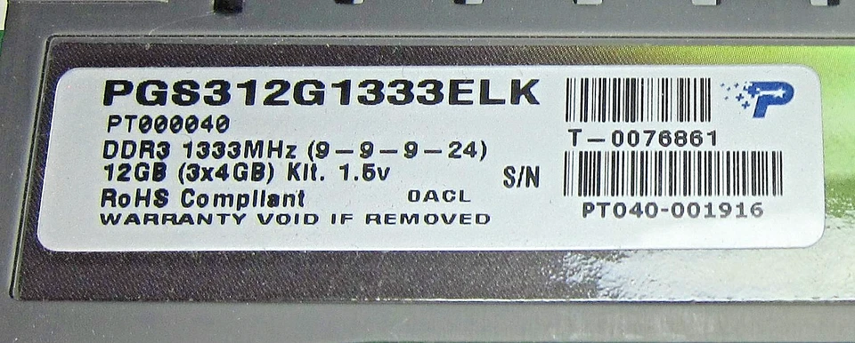 Genuine 12GB (3x4GB) Patriot PGS312G1333ELK DDR3 1333Mhz 1.5v Desktop RAM - Image 3 of 4