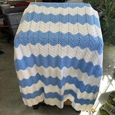 Vintage Throw Hand Made Crochet Afgan Blanket Lt. Blue and White 48?x 38?