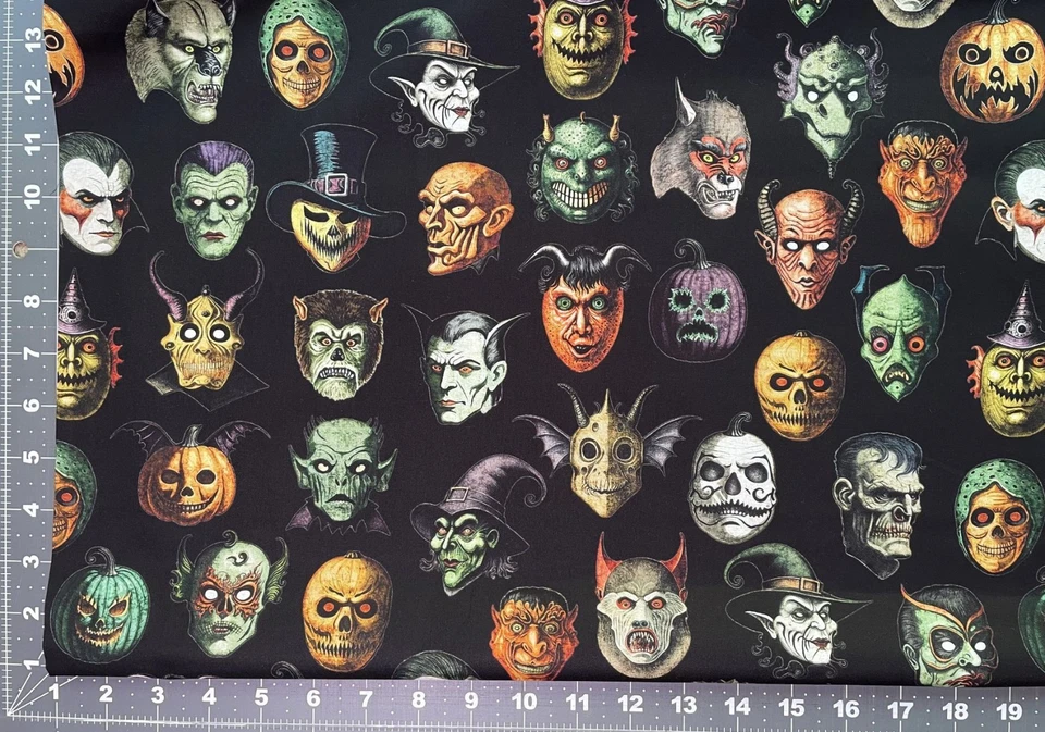QT Fabric Cotton CREEPSVILLE Black - Monster Heads Pumpkin Witch Dracula Skull - Image 4 of 4
