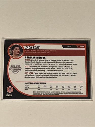 2023-24 Bowman University Chrome - 2007-08 Bowman Zach Edey #07B-28 (RC) - Foto 4 di 6