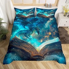Flying Dragon Duvet Cover Set Full Size Magical Book Pattern Bedding Set for ...