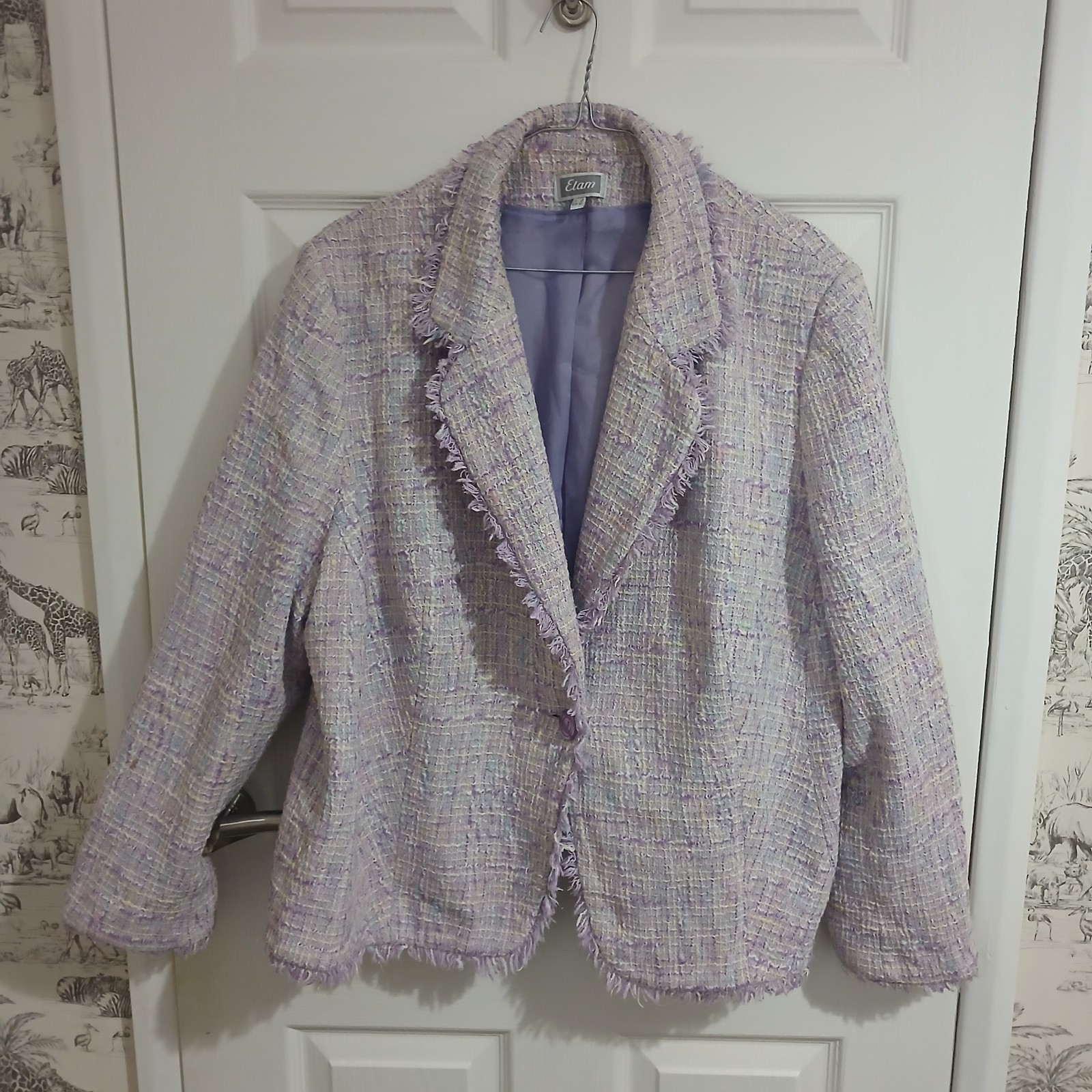 Vintage Etam Lavender Tweed Fringe Jacket Blazer UK 26 EUR 54 Plus Size Rare