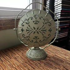 Metal Clamshell Filigree Fold Down Three Tier Snack Serving Tray Mint Green