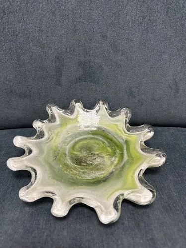 Vintage RARE Murano Art Glass Gorgeous Sommerso Green And White Bowl / Ashtray