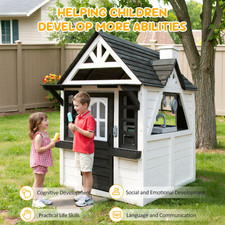 Outdoor Playhouse for Kids Ages 4-8, Wooden Play House with Doorbell, Phone, ...