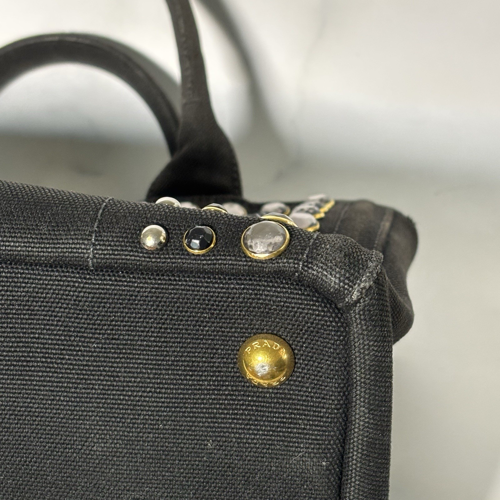 PRADA Canapa tote 2WAY Shoulder Bag Bijou Studs Tote Bag canvas Nero (Black) thumbnail 8