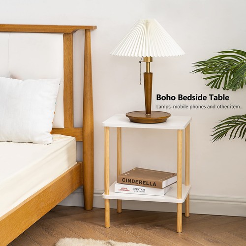 2 Tier End Table, Boho Side Table with Storage Shelf, Nightstand Bedside Tabl... - Picture 2 of 9