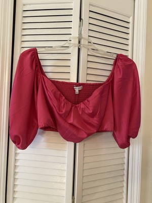 Express Satin Women Coquette Puff Sleeve Crop Top Pink Romantic Sz M NWT