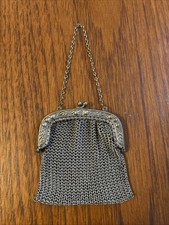 Antique Art Nouveau Alpacca Mesh Coin Purse - Floral Frame Chatelaine Bag 3"