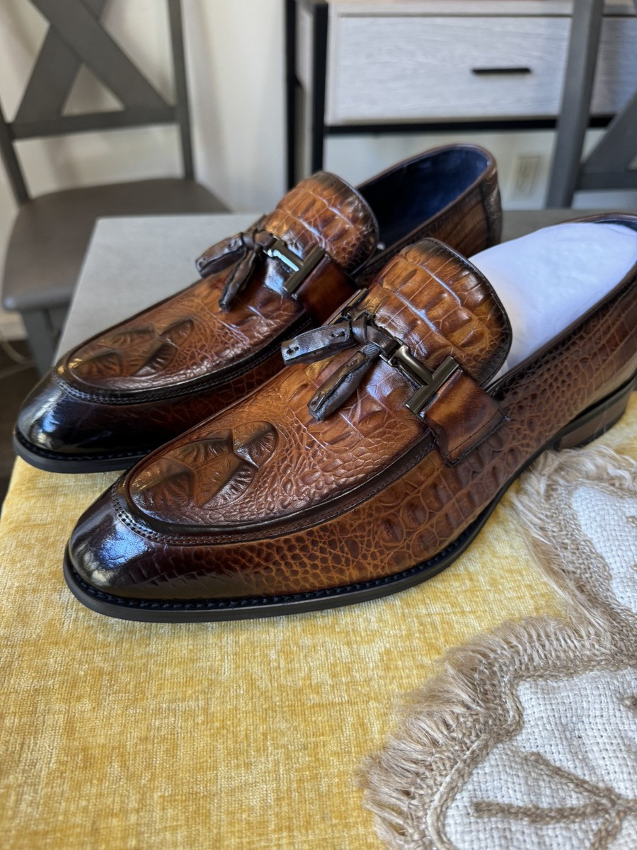 Fuel Crocodile Look Gray Leather Dress Shoes Loafers Men\'s Size 10.5 Mauri 1028 Alligator Loafers Hand Painted Light Grey  main image 3