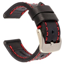 22mm COW Leather Strap Black Watch Band for INVICTA w/ Heavy Duty Buckle Red