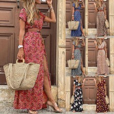 Womens Boho Floral V-Neck Maxi Dress Ladies Summer Beach Casual Holiday=Sundress