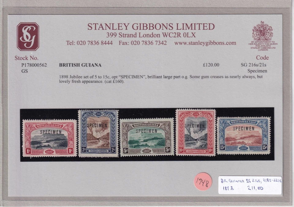 British Guiana 1898 QV Jubilee specimen Set  Sg216s-221s - mounted mint - Image 3 of 3