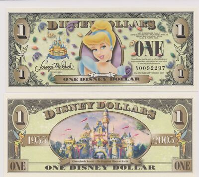 Disney 1 Dollars, 2005 ''A'' Series Cinderella ''No Barcode'' Unc 