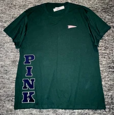 Victoria's Secret Pink Campus Short Sleeve Tee Shirt Deep Forest Green L XL NWT