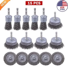 15Pcs Wire Wheel Cup Brush Set Carbon Steel Rust Wire Brush Drill Attachment New