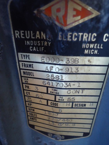 Reuland Electric Motor Model 2581 Type E000-39B 3PH 5HP 1800RPM 220/440V 13.6 A - Bild 2 von 9