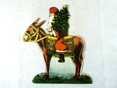 alte Oblate - Weihnachtsmann auf Esel mit Geschenken, 11 x 15 cm