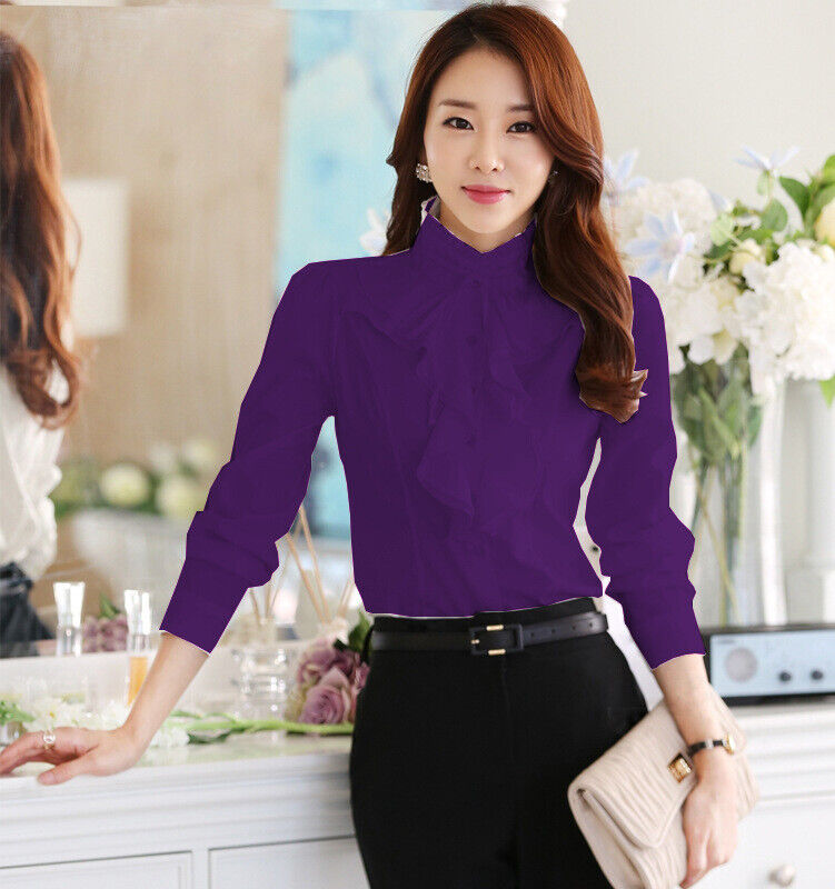 Women's Bow Tie Front Frilly Ruffle Solid Chiffon Blouse Long Sleeve Shirt Tops Women's Bow Tie Front Frilly Ruffle Solid Chiffon Blouse Long Sleeve Shirt Tops