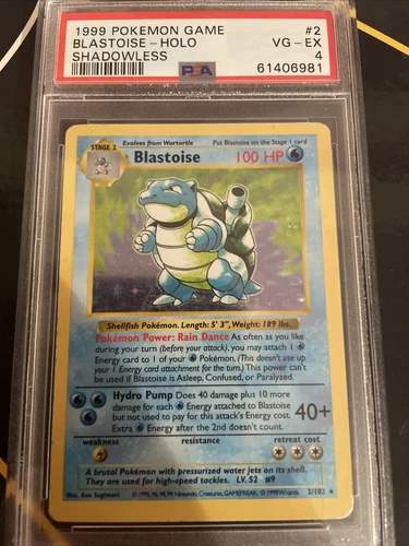 Pokemon Blastoise Holo Shadowless 2/102 1999 VG-Excellent Psa 4