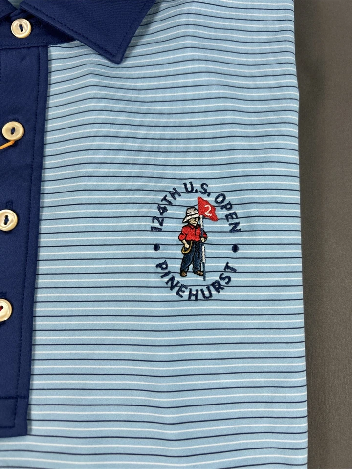 Camisa de Golf Peter Millar Polo Pinehurst EE. UU. Logo Abierto Grande Azul Rayas Poliéster Foto 2 de 4