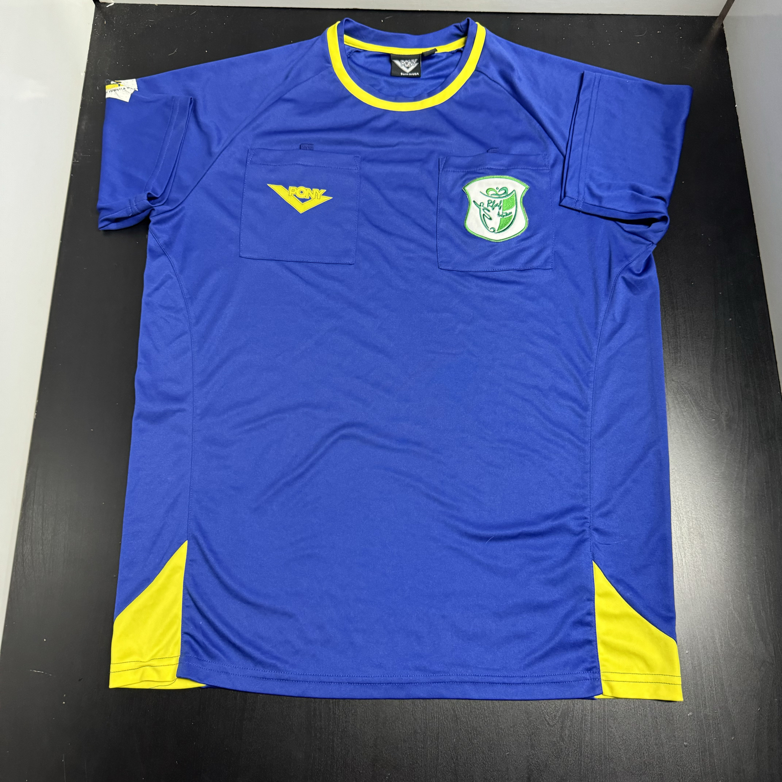 Camicia L blu pony made in USA calcio sportivo cucita attiva due tasche 619