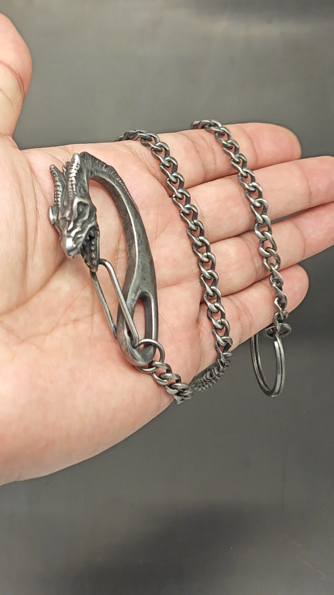 Retro Gunmetal Stainless Steel Chinese Dragon Head Mens Biker