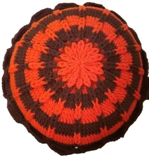 Vintage Handmade Pillow  Crochet Knit Round Throw Granny MCM Double Sided 14"