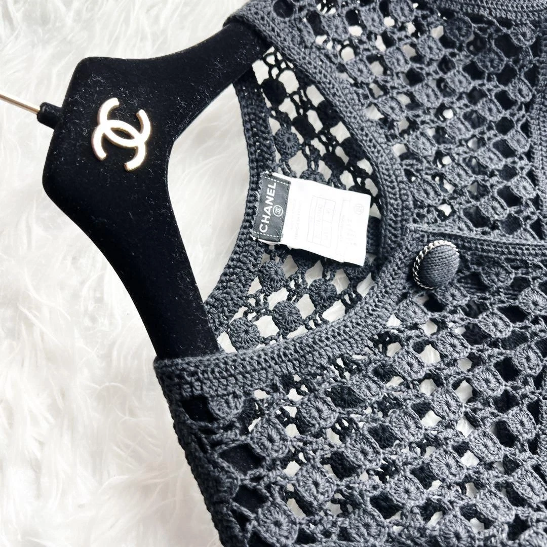 Giacca CHANEL all'uncinetto nera perla ricamata all'uncinetto maglia 40 Made in France