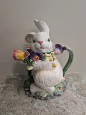 Vintage CR White Bunny Rabbit Teapot with Tulip Pansy Flowers Spring Easter