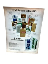 True 100s 1976 Vintage Cigarette Print Ad Low Tar Chart