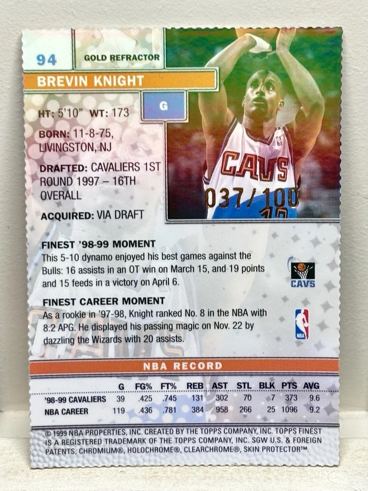 Topps Finest Brevin Knight 037/100 1999 refractor troquelado dorado con revestimiento #94 Foto 2 de 4