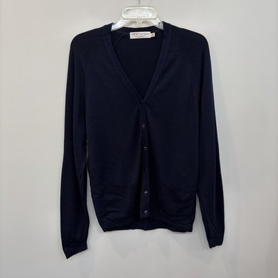 EWM Pure Classics Washable Lambswool Navy Cardigan Sweater Women's Size M V-neck