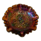 Vintage Carnival Glass Candy Dish Crimped Edges Lavender Roses By Imperial Glass