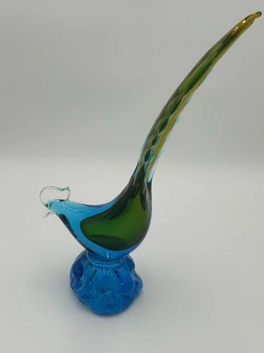 VTG Mid Century Hand Blown Murano Blue Green RARE Glass Pheasant Bird 14"