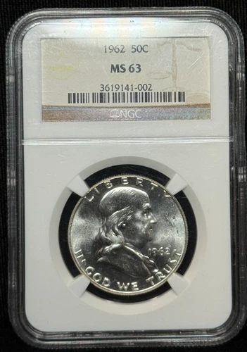 NGC MS 63  1962 Benjamin Franklin Half Dollar 50C Silver Coin -002