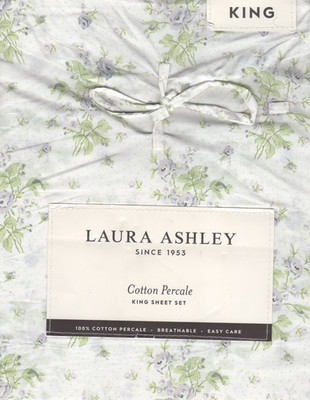 Laura Ashley King Sheet Set Rosebud Diva Grey 4pc Cottage Farmhouse Chic Green