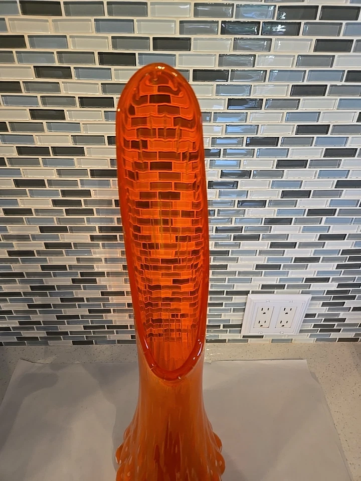 Vintage LE Smith Flame Orange Swung Glass Vase Air Bubbled Ribbed Simplicity 24” - image 2 of 4