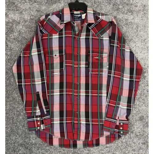 Vintage Wrangler Shirt Mens Size 16 Large Long Tails Pearl Snap Rancher Western